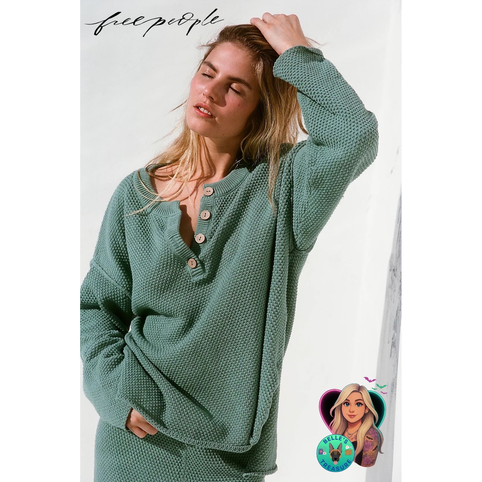 Free People Beach Women Large Hailee Waffle Knit Henley Sweater Glass Grass Mint